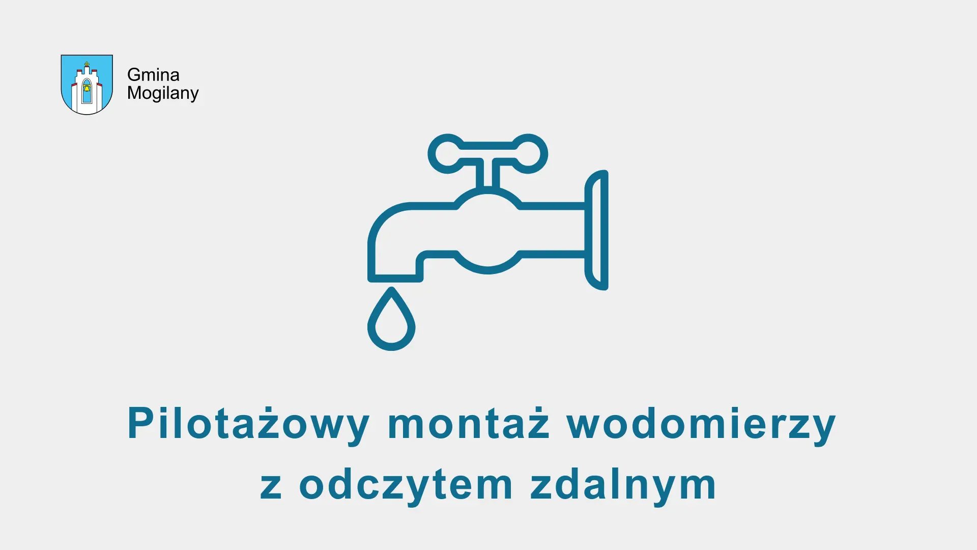 Grafika z kranem oraz napis: Pilotażowy montaż zdalnych wodomierzy